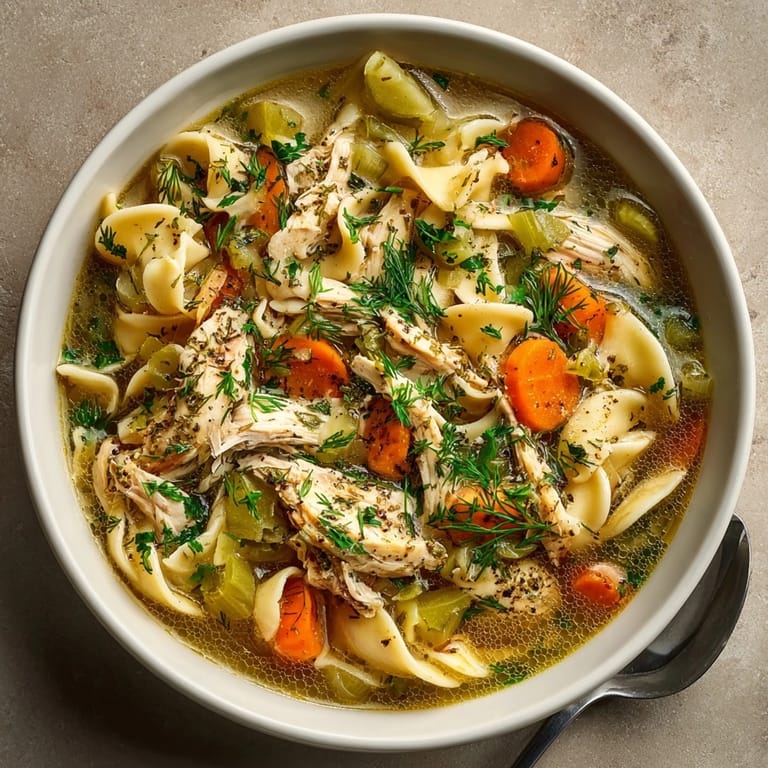 Rustic wooden table featuring a hearty serving of warm one-pot dill pickle chicken noodle soup, perfect for a cozy meal.