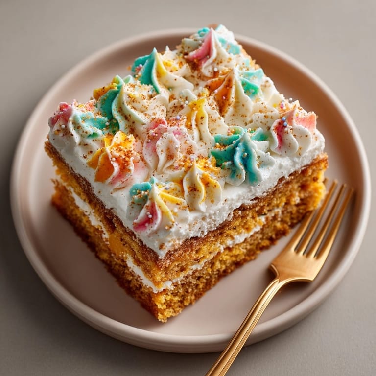 Close-up of the moist Chaos Cake Cinnamon-Maple Pumpkin Slab, perfect dessert with playful buttercream scribbles on top.