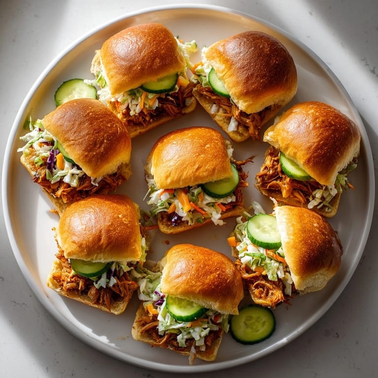 Close-up of mouthwatering Rebel Float Root Beer BBQ pulled chicken sliders, perfect for a relaxed cookout feast.