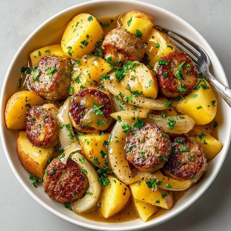 Beautifully cooked One-Pot Maple Dijon Sausage, Apples & Potatoes, with glistening sauce and fresh parsley.