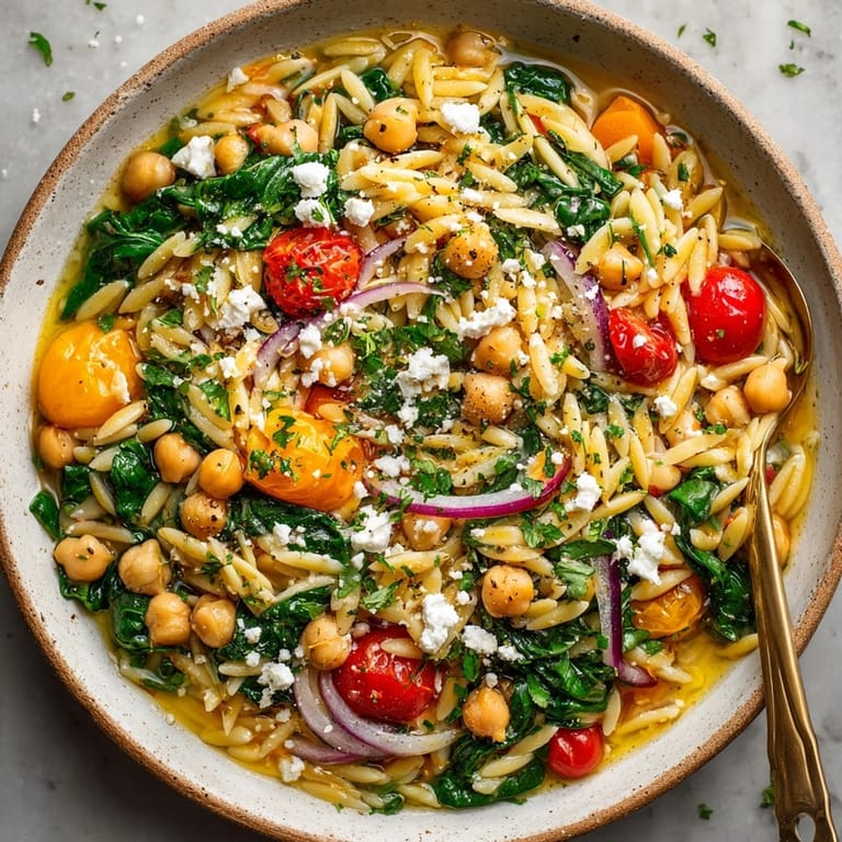 Steaming hot bowl of 15-Minute Lemon-Garlic Chickpea Orzo Skillet, garnished with parsley and ready to eat.
