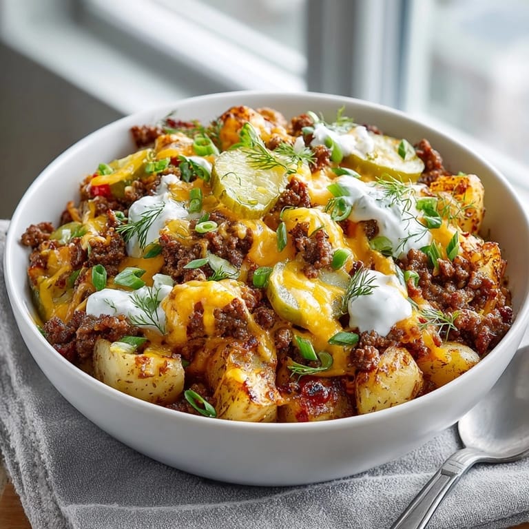 Sizzling ground beef, potatoes, and cheese create a tempting cheeseburger potato skillet ready to enjoy.