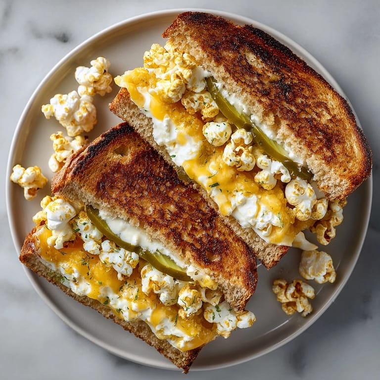 Close-up of a deliciously prepared Pickle Popcorn Grilled Cheese, ready to be sliced and enjoyed now.