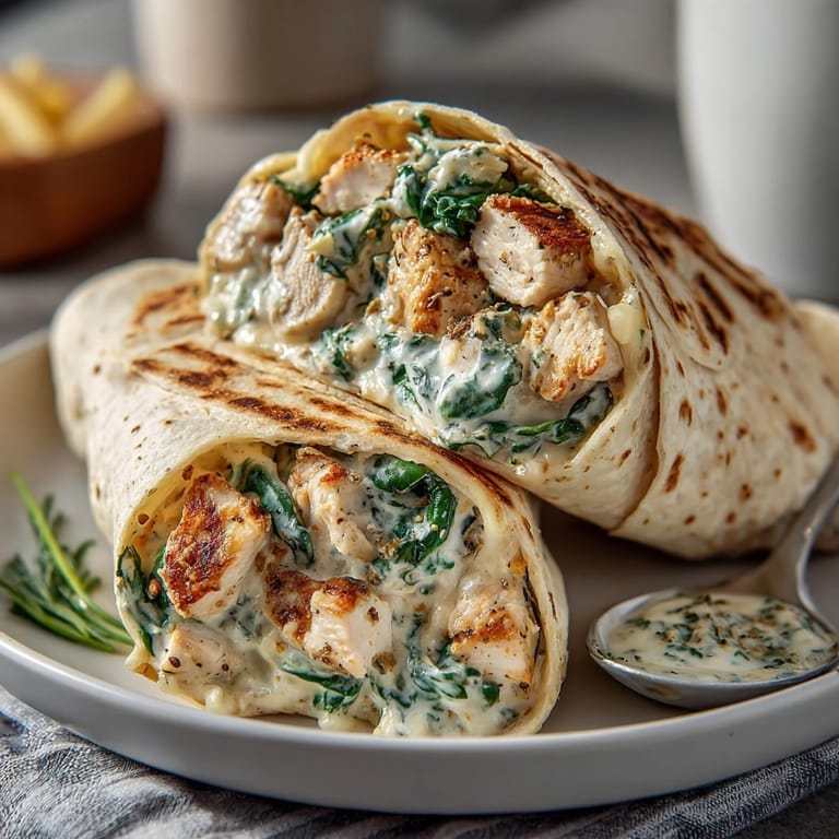A close-up of warm Comfort Food Chicken Alfredo Wraps, ready to eat with melted cheese dripping.
