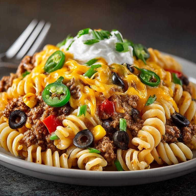 Orange cheddar cheese is generously sprinkled over the finished Halloween Taco Pasta, ready to serve.