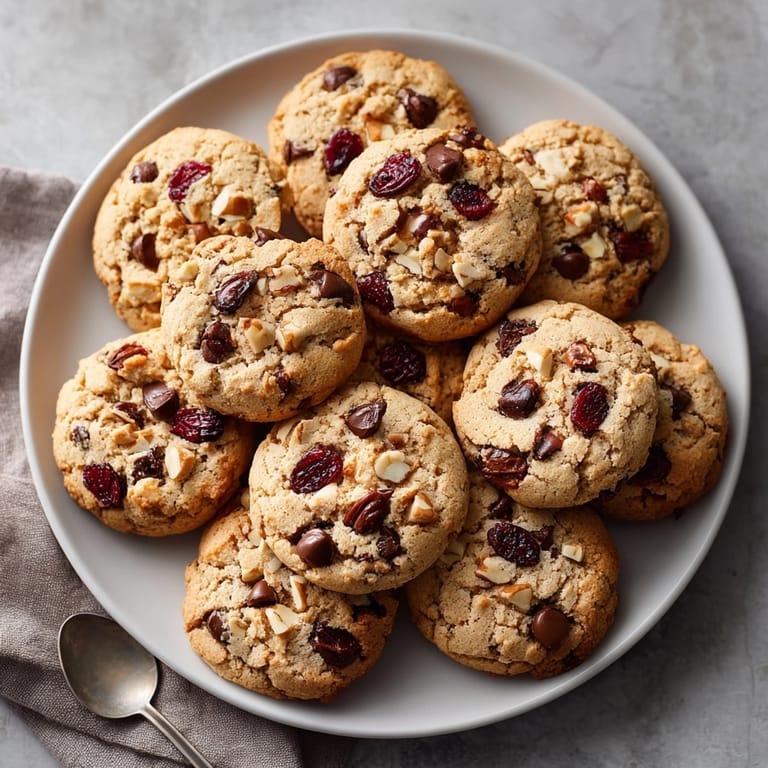 Golden, baked One-Bowl Cherry Chocolate Chip Cookies, a comforting treat ready for sharing on a plate.
