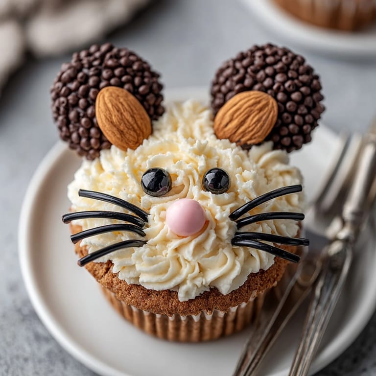 Close-up of adorable Silly Pumpkin Spice Rat Cake cupcakes, showing off their cute edible "rat" features and frosting.