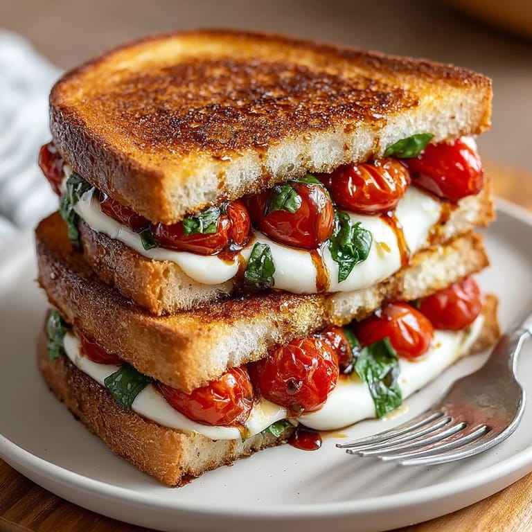Golden, toasted sourdough bread holds the delicious cherry tomato Caprese grilled cheese, a perfect vegetarian lunch.