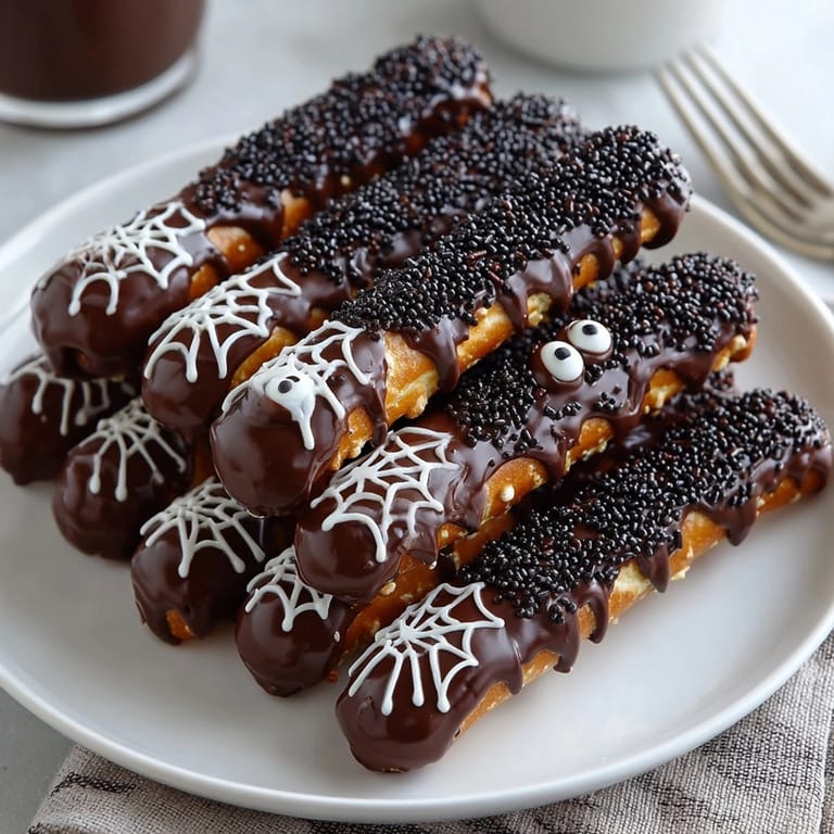 A spooky close-up of Halloween Spooky Spider Leg Chocolate Pretzel Wraps, looking delicious and intricate.