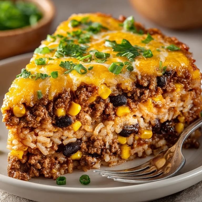 Close-up of a family-sized Beef Taco Rice Casserole, showcasing a flavorful, cheesy Tex-Mex bake.