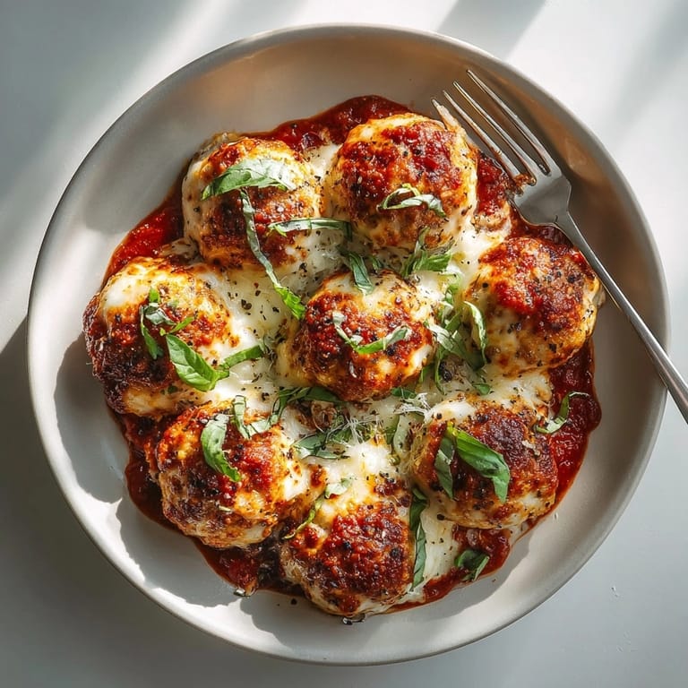 A close-up shows Chicken Parmesan Meatballs, tender inside, smothered in marinara, perfect Italian comfort food.
