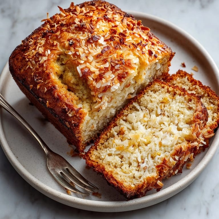 Freshly baked Coconut Banana Bread slices, showcasing a moist inside and generous coconut flakes.