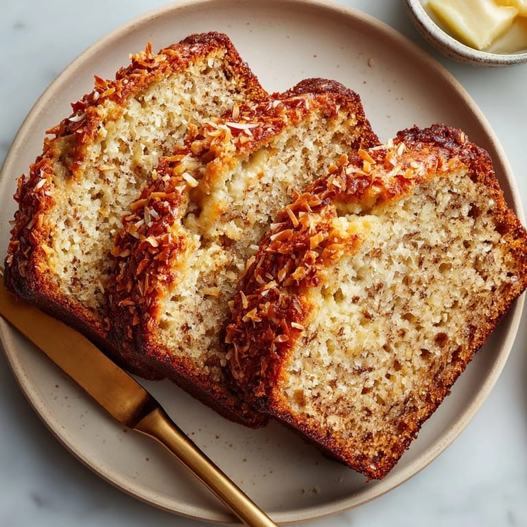 Close-up of delicious Coconut Banana Bread, a sweet treat with visible banana and coconut textures.