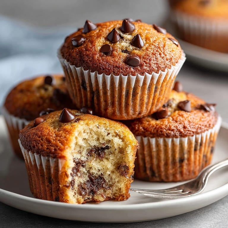 Freshly baked and fluffy chocolate chip banana bread muffins, ready to enjoy with a cup of coffee.