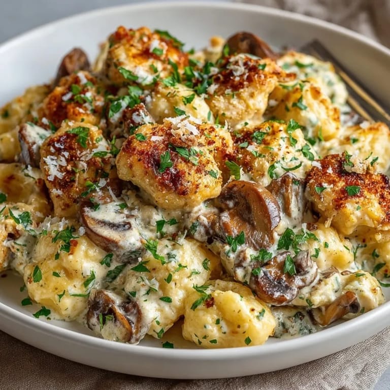 Golden-brown Creamy Chicken and Mushroom Casserole, served with fresh parsley, ready for a delicious dinner.