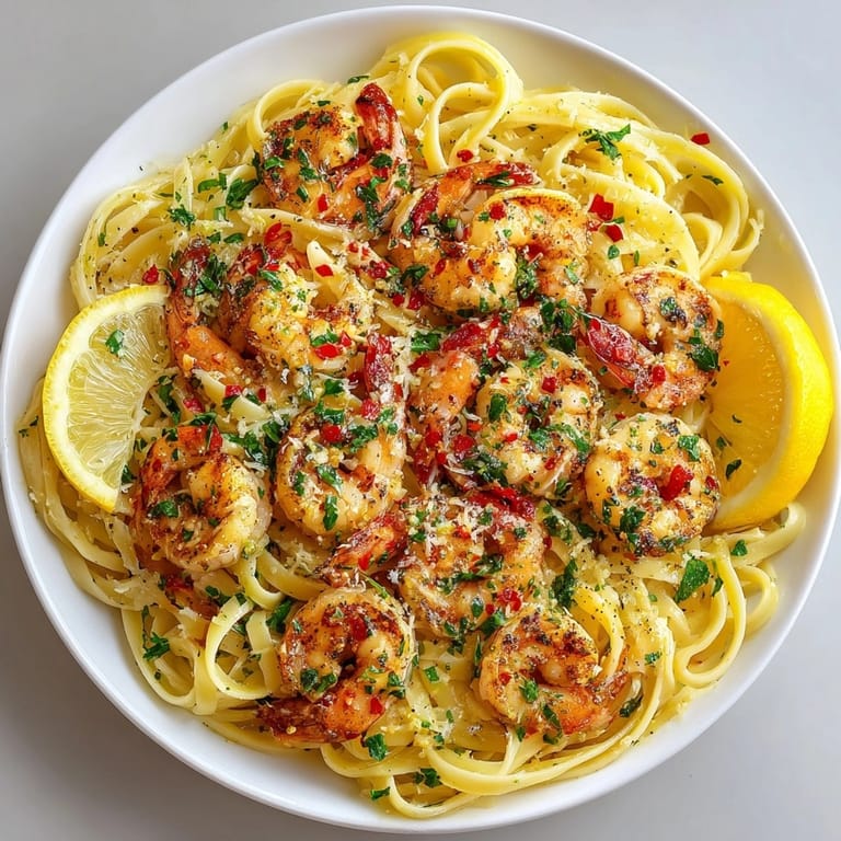 Sizzling skillet of shrimp scampi with garlic butter and fresh herbs, perfect for a cozy meal.