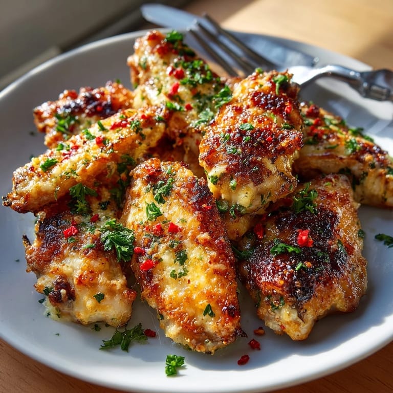 Crispy Garlic Parmesan Chicken Wings coated in golden cheese and fresh parsley, ready for dipping.