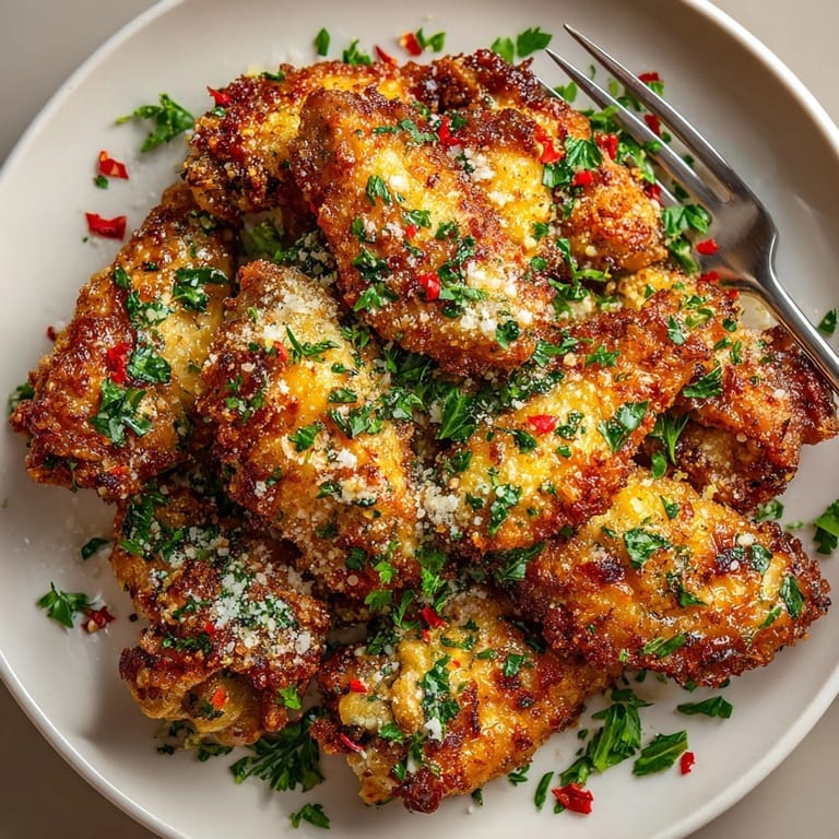 Freshly baked Garlic Parmesan Chicken Wings piled on a platter, garnished with extra cheese and herbs.