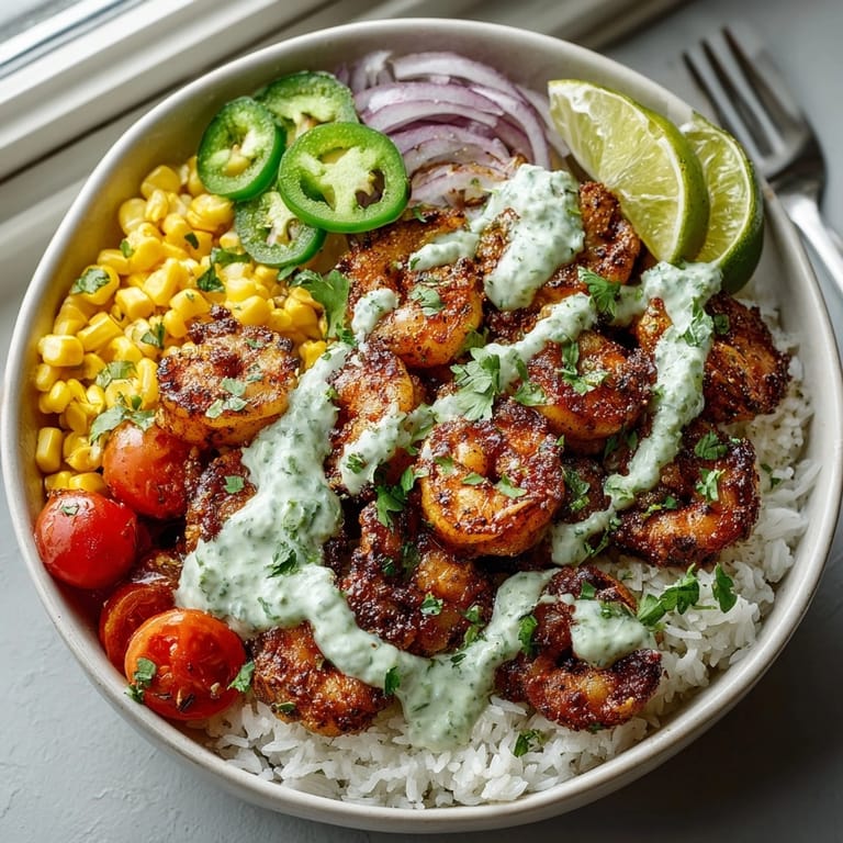 Zesty Spicy Cajun Shrimp Rice Bowl with creamy avocado lime crema drizzle, ready to serve.