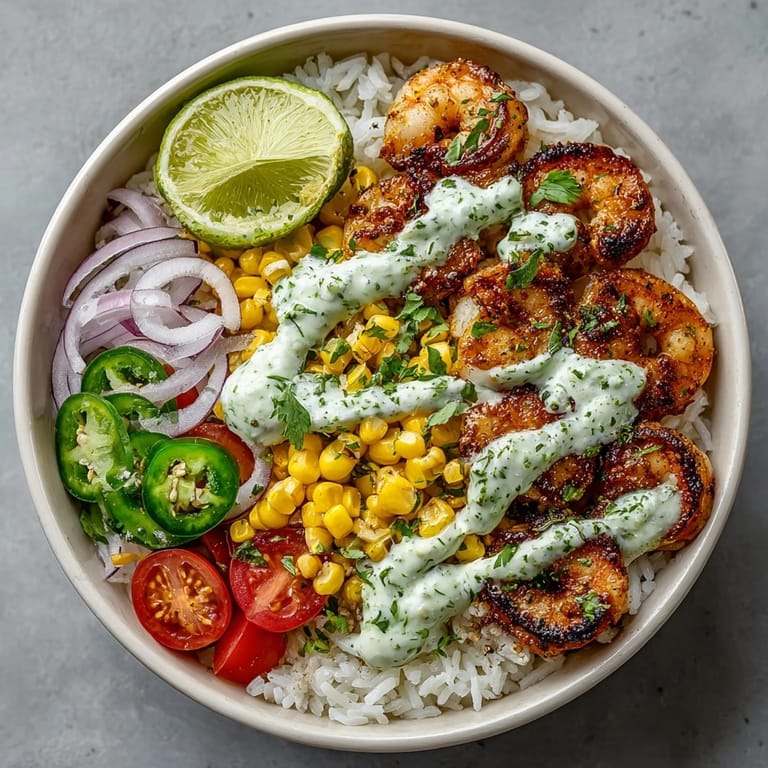 Vibrant Spicy Cajun Shrimp Rice Bowl alongside tangy avocado lime crema and colorful toppings.