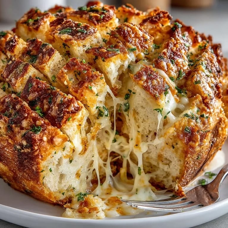 Golden Stuffed Cheese Garlic Pull-Apart Bread loaf oozing mozzarella and cheddar, perfect appetizer snack