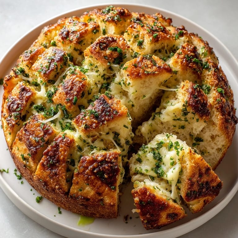 Close-up of Stuffed Cheese Garlic Pull-Apart Bread, crisp crust and savory garlic butter aroma steamed