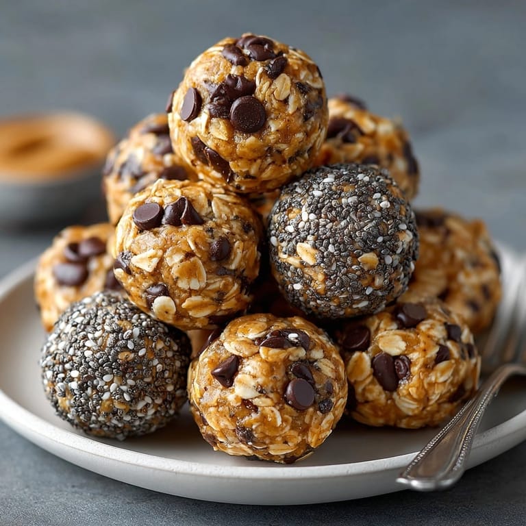 Close-up of Protein-Packed Peanut Butter Chocolate Energy Balls, highlighting their rich, nutty texture and glossy chocolate pieces.