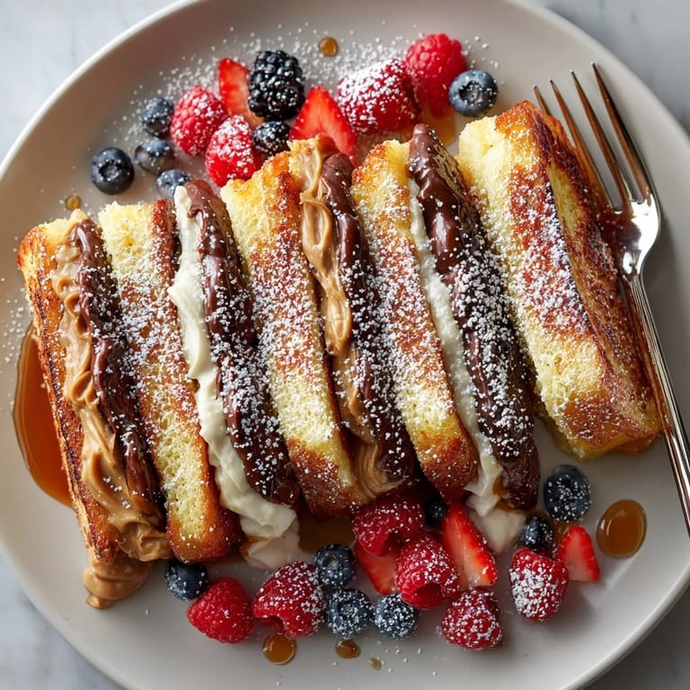 Close-up of gooey Chocolate Peanut Butter French Toast filling oozing from crispy, pan-fried bread.