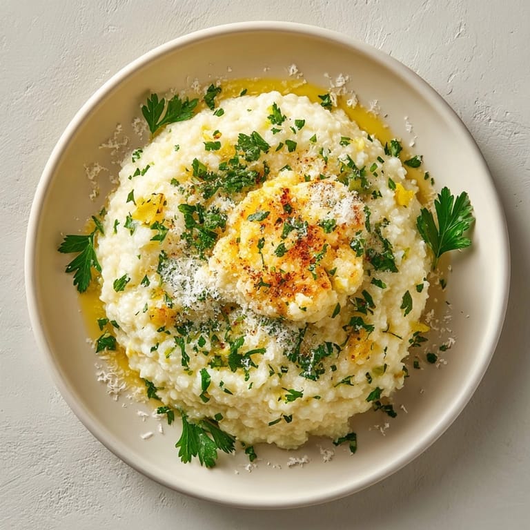 Close-up of Garlic Parmesan Cauliflower Risotto spooned onto a plate, showcasing rich, cheesy texture