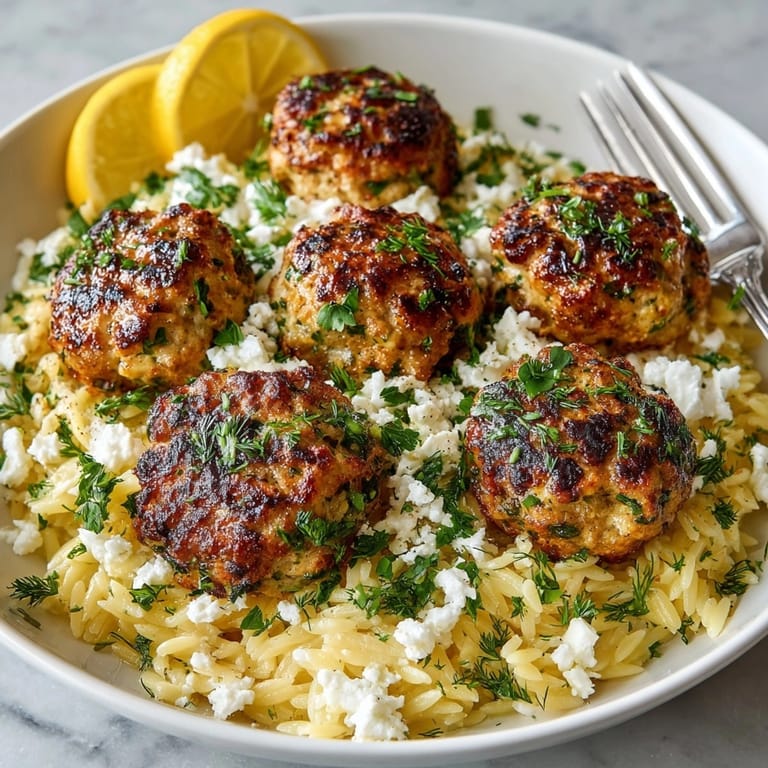 Juicy Greek chicken meatballs nestled over lemon orzo, with vibrant herbs and lemon wedges.