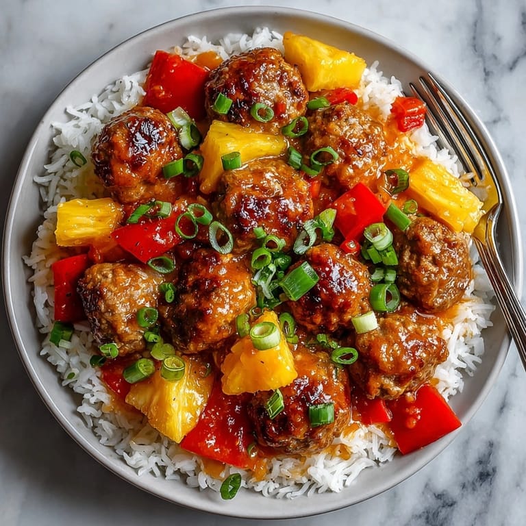 Colorful dish of Sweet and Sour Meatballs Recipe featuring glossy sauce, bell peppers, and pineapple chunks.