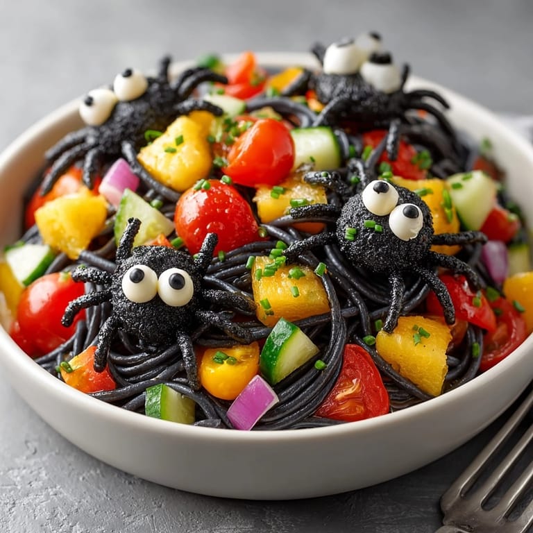 Close-up shows dark Creepy Crawly Pasta Salad; fresh veggies; black olive spider decorations.