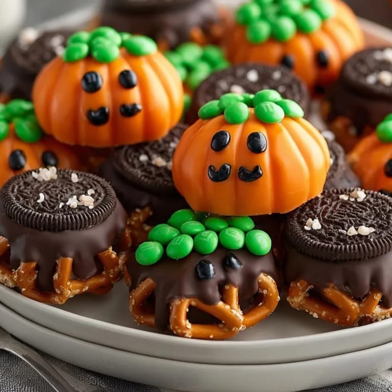 Delicious Halloween Chocolate-Covered Pretzel Pumpkins cooling on parchment, awaiting jack-o'-lantern faces.