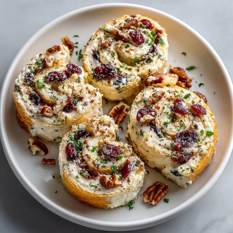 Cranberry Feta Pinwheels appetizer: colorful sliced tortillas reveal festive ingredients; serve chilled or at room temp.
