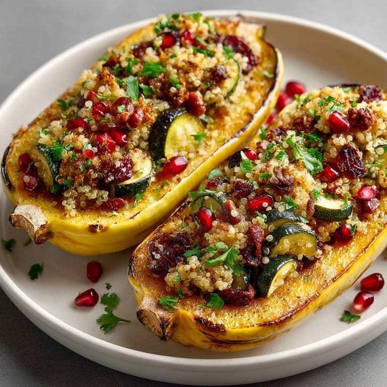 Savory and sweet Quinoa-Stuffed Delicata Squash ready to be garnished with fresh parsley.