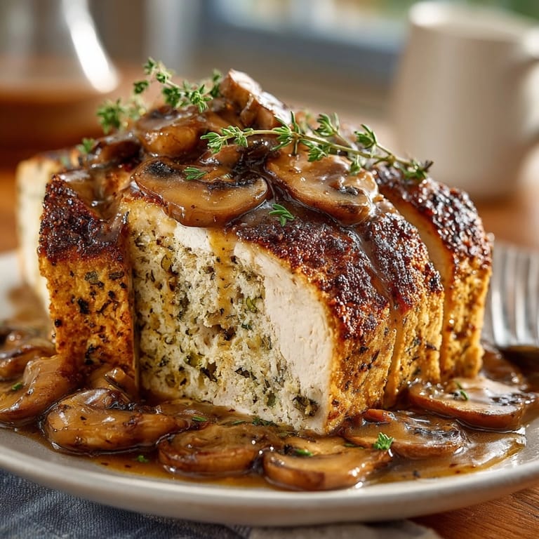 Plant-based Tofu &quot;Turkey&quot; Roast with velvety mushroom gravy, a flavorful vegan main course.