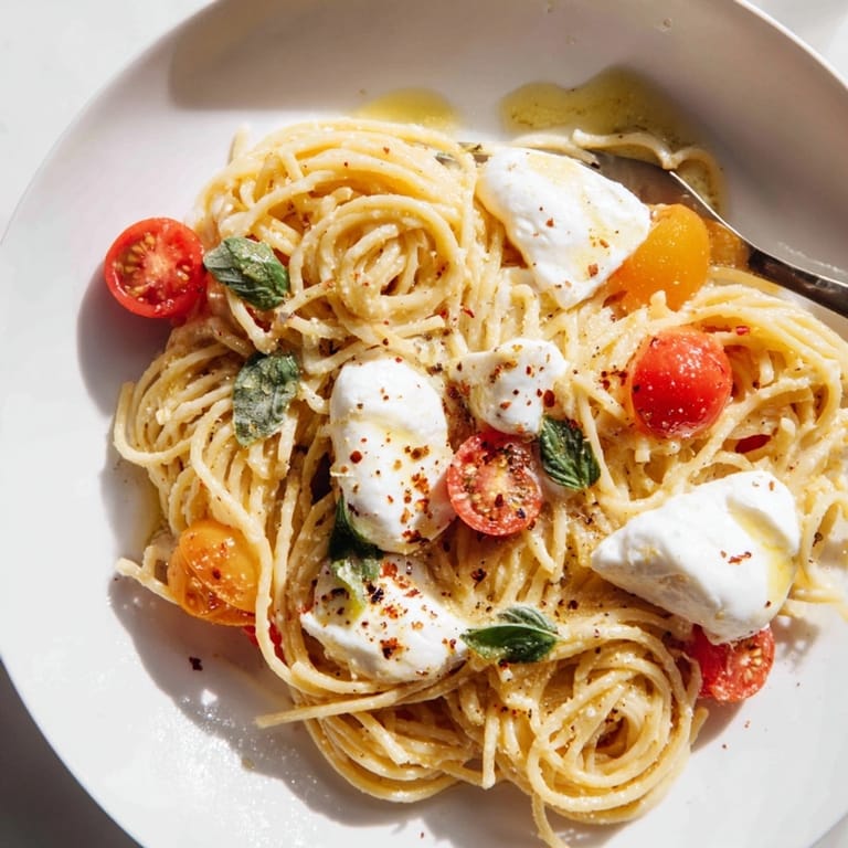 Close-up of Burrata Caprese Pasta, showing melted cheese and bright basil garnish.