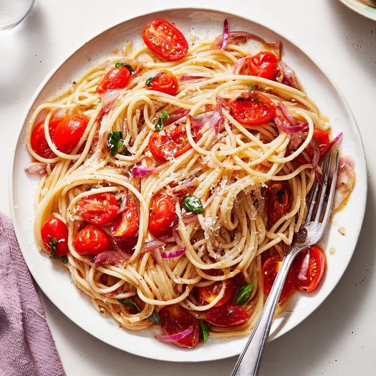 A steaming bowl of Cherry Tomato and Basil Pasta, topped with basil and grated parmesan cheese.