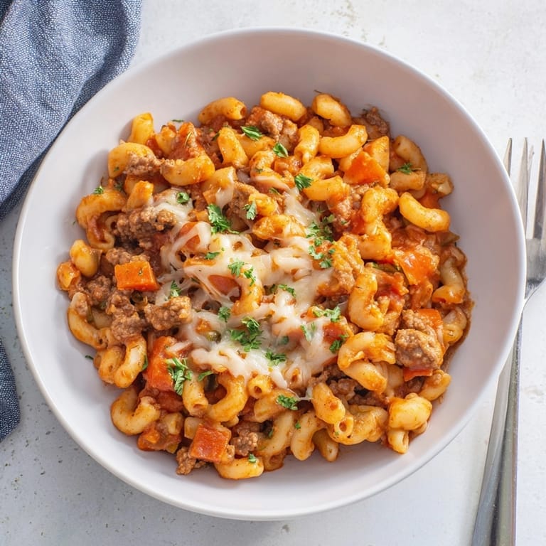 Wholesome Healthier One-Pot Hamburger Helper, featuring ground beef, pasta and vibrant, colorful vegetables