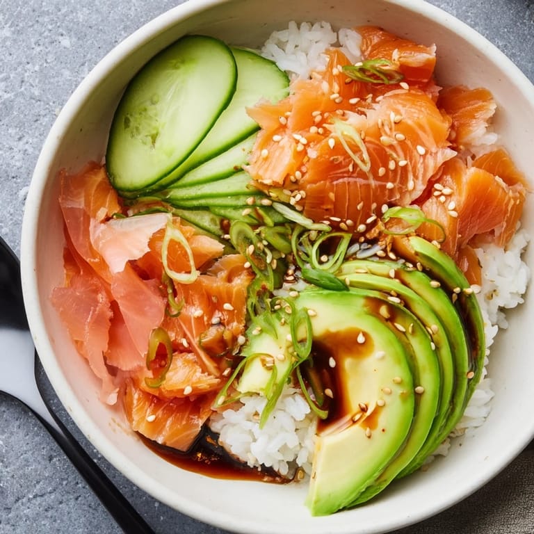 Quick microwave salmon and rice bowl finished with soy sauce and sesame oil drizzle.  
