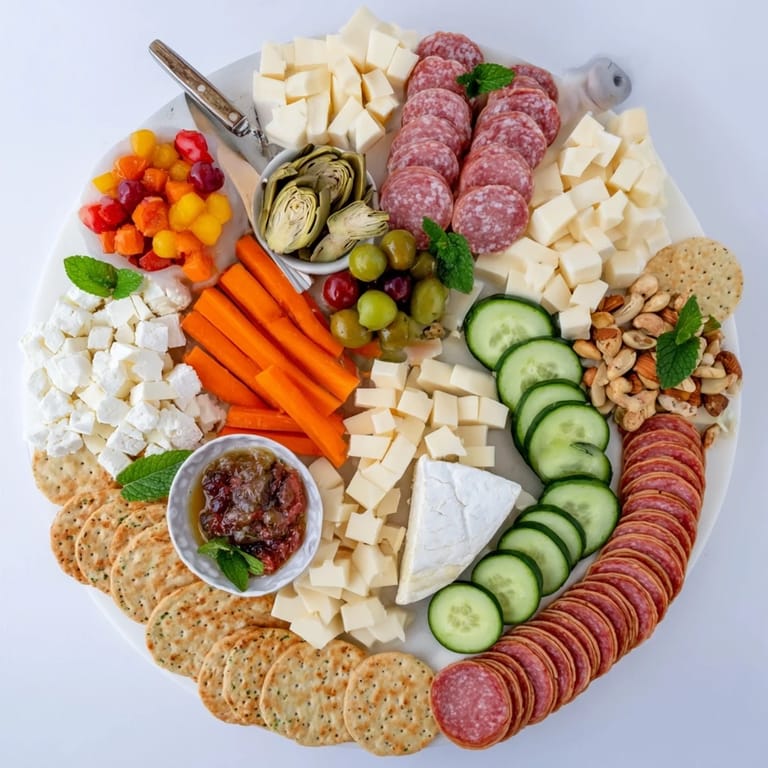 Charming Girl Dinner Platter featuring sliced cheeses, fresh veggies, and crunchy snacks.  