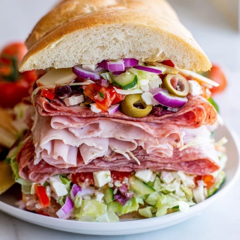 Colorful Flavor Mash-Up Sandwiches featuring Italian meats, cheeses, and fresh garden greens.  