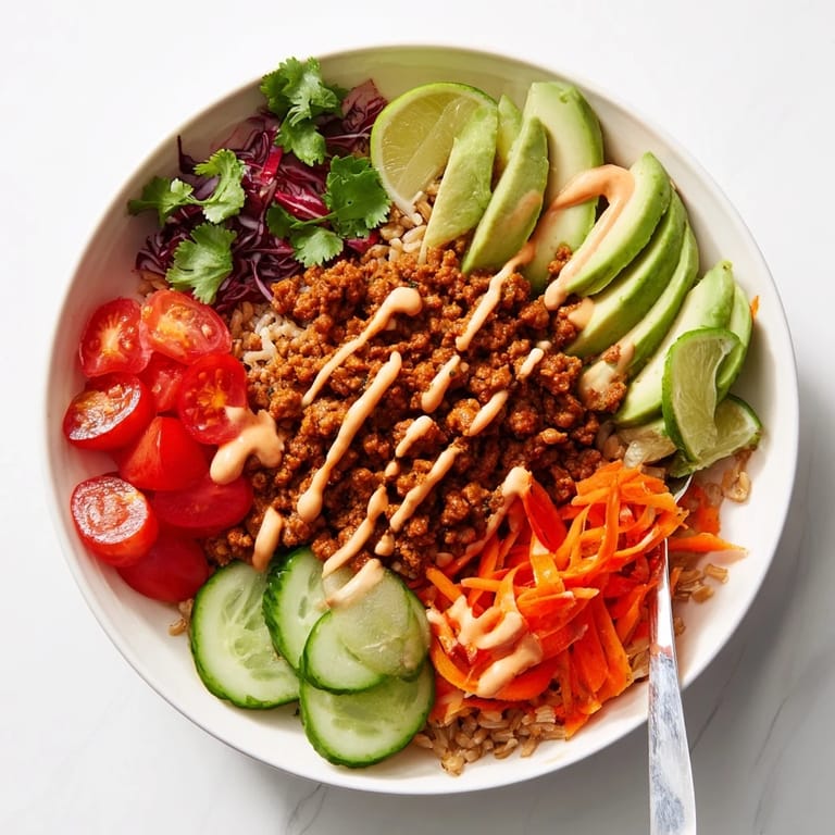 Delectable plant-based meat bowl drizzled with spicy mayo and fresh lime.  
