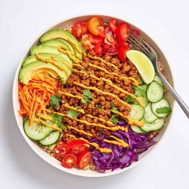 Hearty plant-based meat bowl featuring quinoa, avocado, and a zesty dressing.