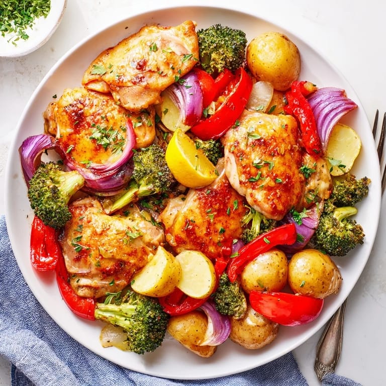 A colorful Lazy Gourmet Chicken & Vegetable One-Pot meal served with fresh lemon wedges.  