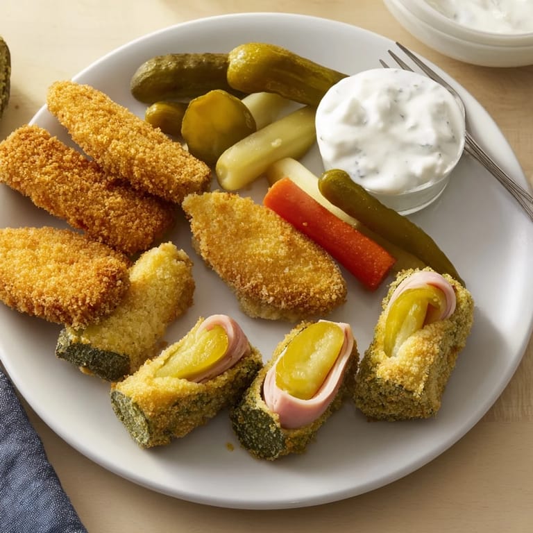 A delightful pickle lovers meal featuring golden fried pickles and colorful pickled vegetables.