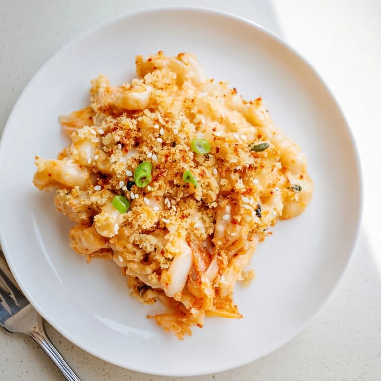 Deliciously bold Spicy Kimchi Mac & Cheese, perfect for adventurous dinner gatherings.  