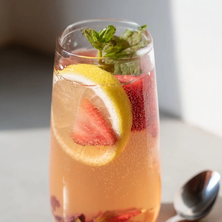 Enjoy delightful kombucha-style beverages elegantly garnished with fresh mint and colorful fruits.