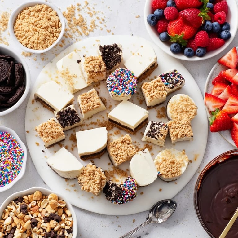 Interactive dessert board featuring rich cheesecake bites alongside vibrant fruits and indulgent sauces.
