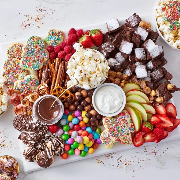 Charming dessert board displaying cookies, chocolates, and fruits for gatherings.
